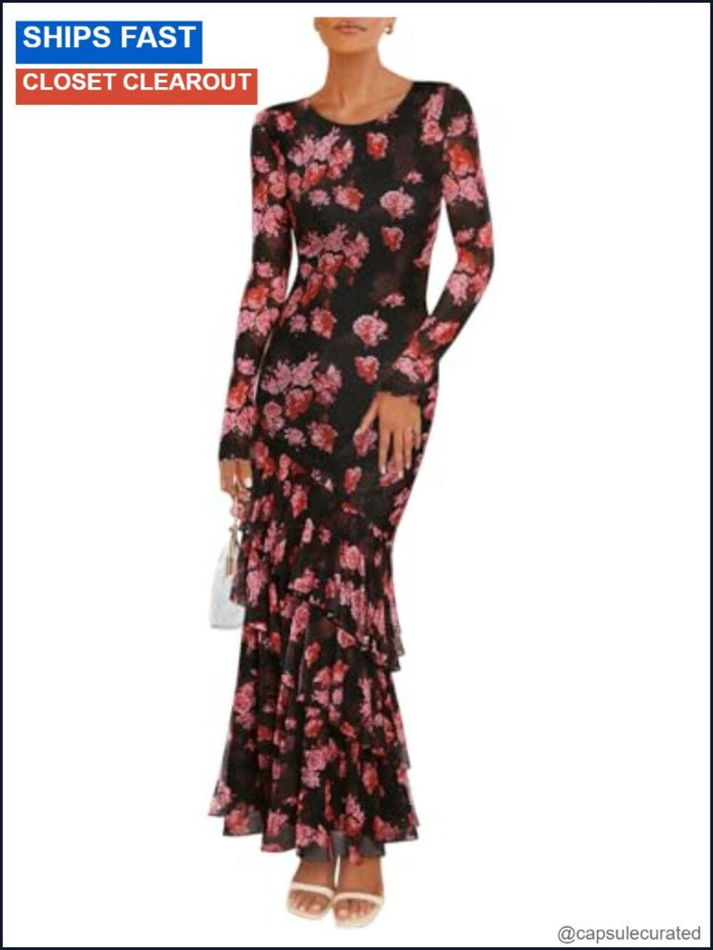 Floral Bodycon Maxi Dress Long Sleeve Mesh Mermaid Wedding Guest Formal